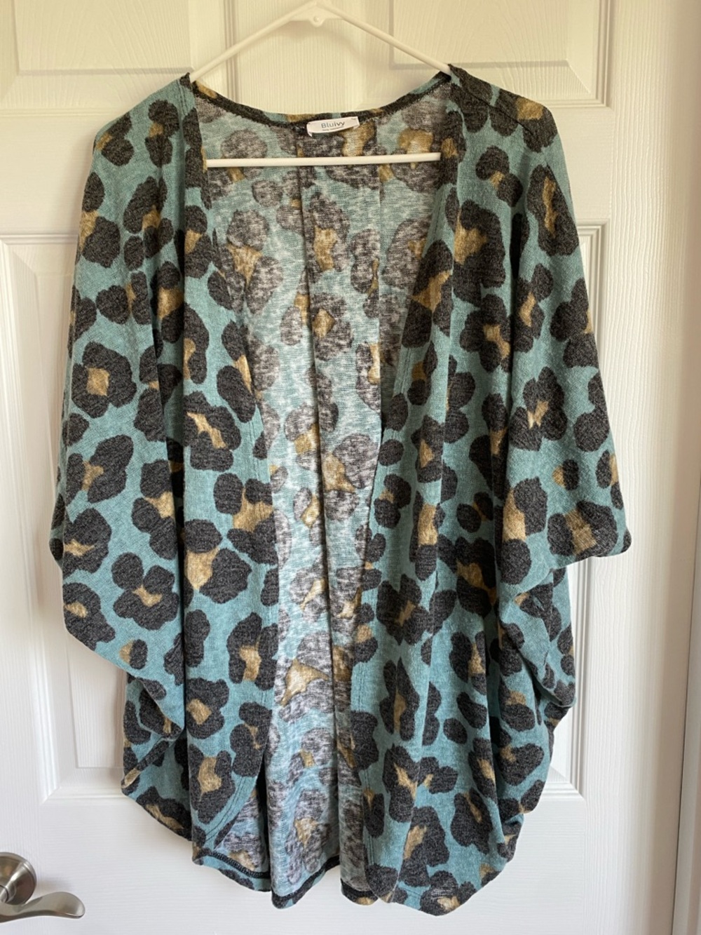 Bluivy Teal Leopard-Print Open Cardigan with Gold Accents